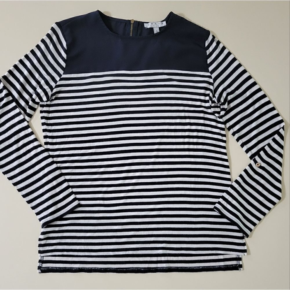 Chaus Women's Navy Stripe Zipper Back Long Sleeve Top